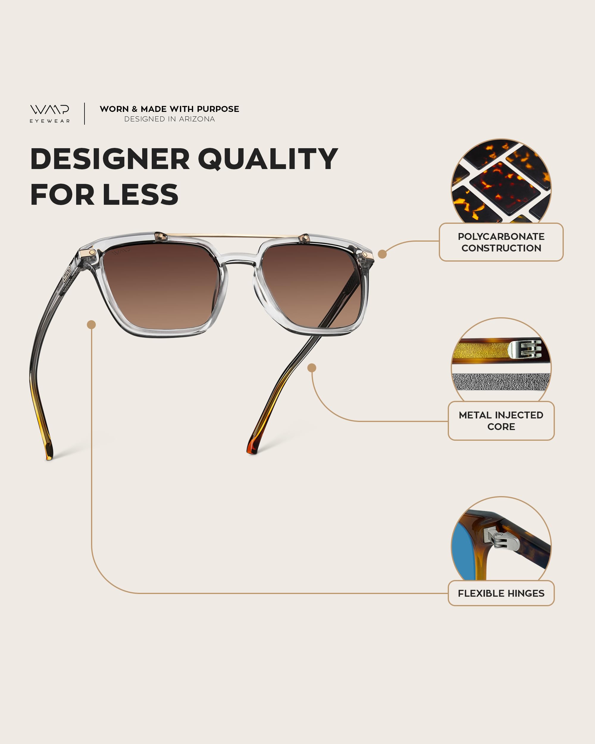 WearMe Pro WMP Eyewear - Modern Men's Square Aviator Sunglasses - Double Metal Bridge with Polarized Lens - Image 5