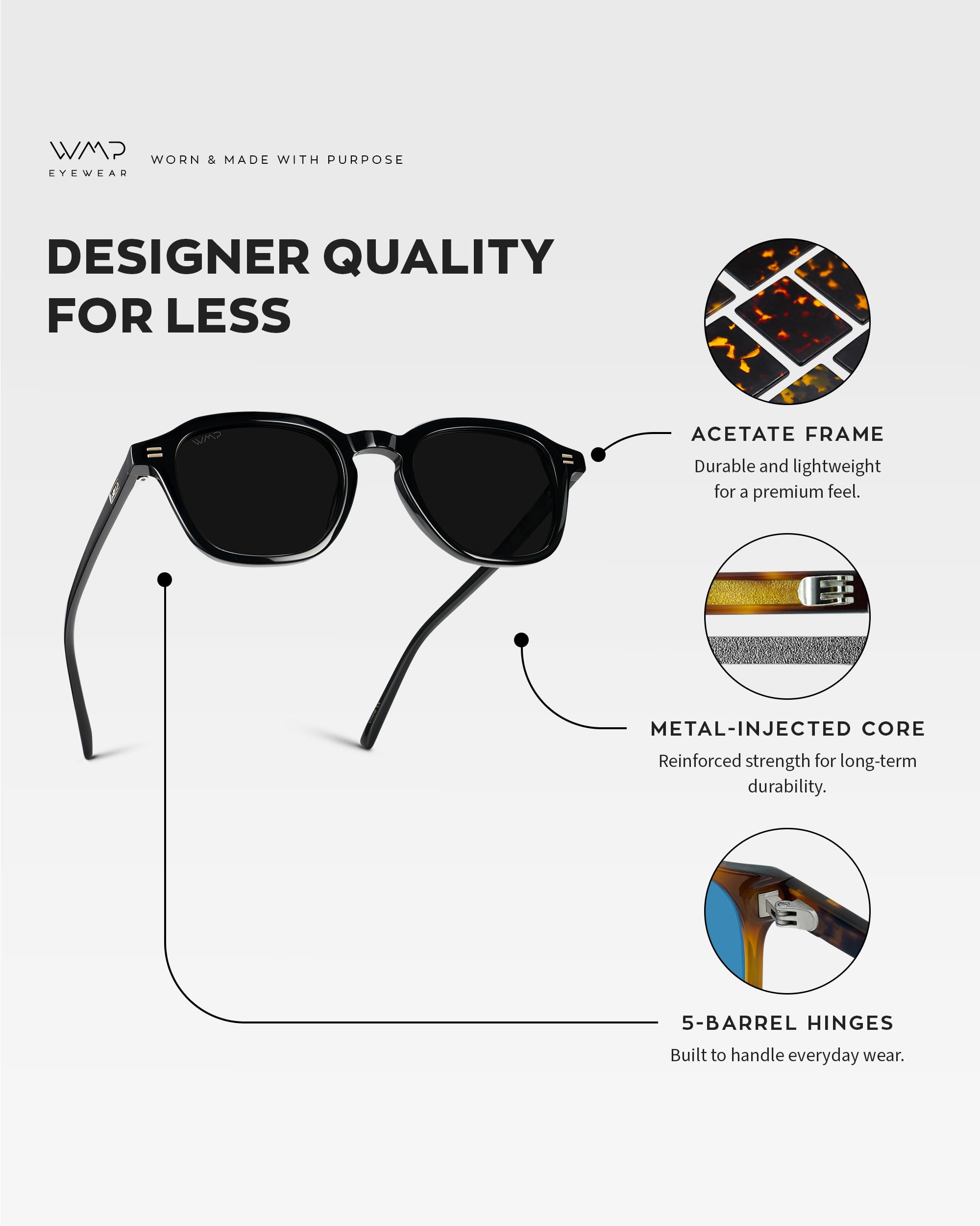 WMP Eyewear - Men's Polarized Retro Sunglasses - Classic Geometric Square Style, Acetate Frame, Keyhole Bridge - Image 5